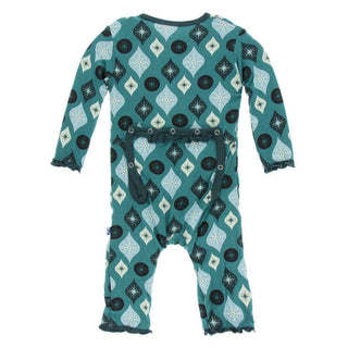 KicKee Pants Holiday Print Muffin Ruffle Coverall with Snaps - Cedar Vintage Ornaments