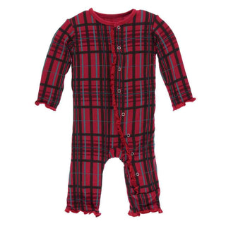 KicKee Pants Holiday Print Muffin Ruffle Coverall with Snaps - Christmas Plaid
