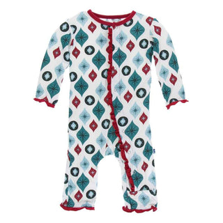 KicKee Pants Holiday Print Muffin Ruffle Coverall with Snaps - Natural Vintage Ornaments