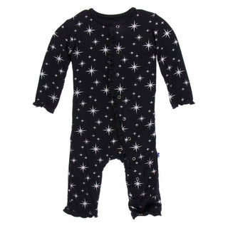 KicKee Pants Holiday Print Muffin Ruffle Coverall with Snaps - Silver Bright Stars