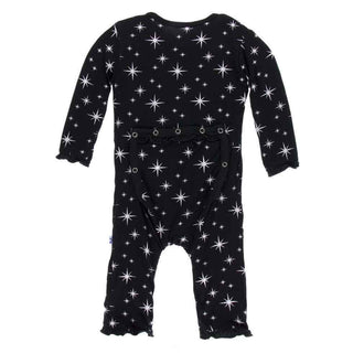 KicKee Pants Holiday Print Muffin Ruffle Coverall with Snaps - Silver Bright Stars