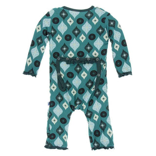 KicKee Pants Holiday Print Muffin Ruffle Coverall with Zipper - Cedar Vintage Ornaments