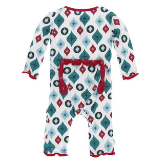 KicKee Pants Holiday Print Muffin Ruffle Coverall with Zipper - Natural Vintage Ornaments