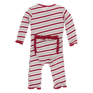 KicKee Pants Holiday Print Muffin Ruffle Coverall with Zipper - Rose Gold Candy Cane Stripe