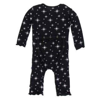 KicKee Pants Holiday Print Muffin Ruffle Coverall with Zipper - Silver Bright Stars