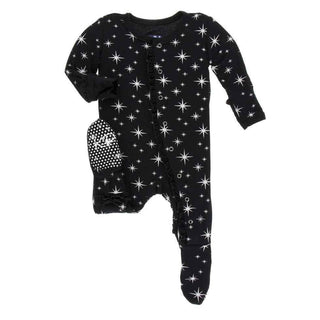 Holiday Print Bamboo Muffin Ruffle Footie with Snaps - Silver Bright Stars Baby & Toddler Sleepwear
