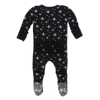 KicKee Pants Holiday Print Muffin Ruffle Footie with Snaps - Silver Bright Stars