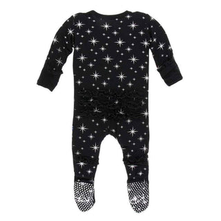 Holiday Print Bamboo Muffin Ruffle Footie with Snaps - Silver Bright Stars Baby & Toddler Sleepwear
