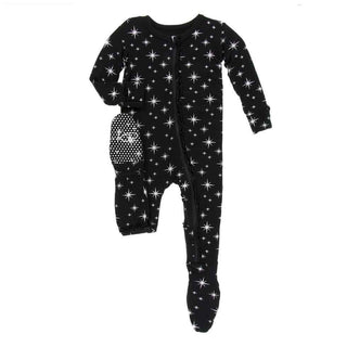KicKee Pants Holiday Print Muffin Ruffle Footie with Zipper - Silver Bright Stars