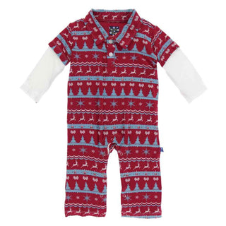 KicKee Pants Holiday Long Sleeve Double Layer Polo Romper - Nordic Print
