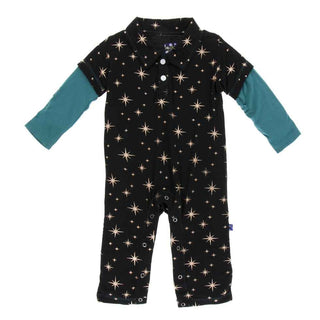 KicKee Pants Holiday Long Sleeve Double Layer Polo Romper - Rose Gold Bright Stars