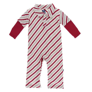 KicKee Pants Holiday Long Sleeve Double Layer Polo Romper - Rose Gold Candy Cane Stripe
