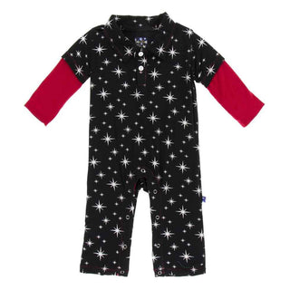 KicKee Pants Holiday Long Sleeve Double Layer Polo Romper - Silver Bright Stars