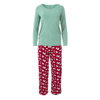 KicKee Pants Kickee WomensLong Sleeve Loosey Goosey Tee and Pant Pajama Set - Crimson Puppies and Presents