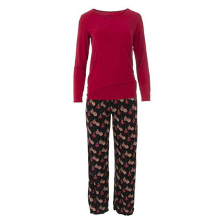 KicKee Pants Kickee WomensLong Sleeve Loosey Goosey Tee and Pant Pajama Set - Midnight Ornaments