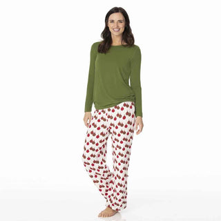 KicKee Pants Kickee WomensLong Sleeve Loosey Goosey Tee and Pant Pajama Set - Natural Ornaments