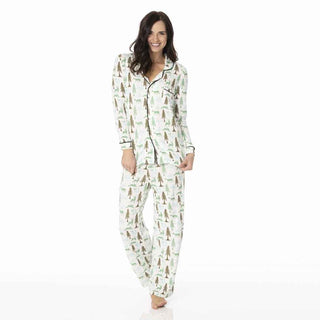 KicKee Pants Kickee WomensSolid Long Sleeved Collared Pajama Set - Natural Woodland Holiday