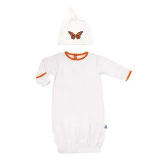 KicKee Pants Layette Gown and Knot Hat Set - Natural with Monarch Butterfly