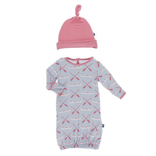 KicKee Pants Layette Gown and Single Knot Hat Set - Dew Paddles and Canoe