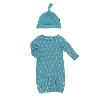 KicKee Pants Layette Gown and Single Knot Hat Set - Neptune Mini Seahorses