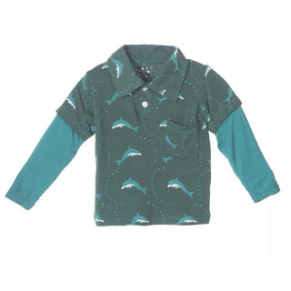 KicKee Pants Long Sleeve Double Layer Polo Shirts, Seaweed Dolphin