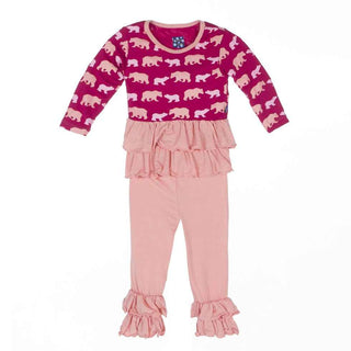 KicKee Pants Long Sleeve Double Ruffle Outfit Set, Rhododendron Brown Bear