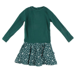 KicKee Pants Long Sleeve Luxe Keyhole Dress for Girls - Jade Running Buffalo Clover