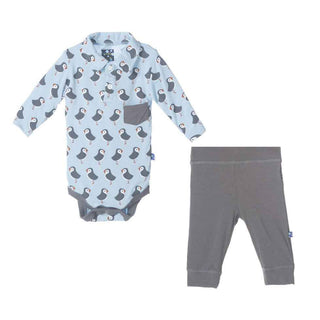 KicKee Pants Long Sleeve Polo One Piece and Pant Set, Pond Puffin