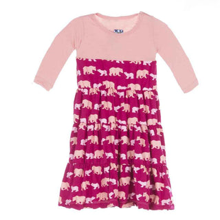 KicKee Pants Long Sleeve Tiered Dress, Rhododendron Brown Bear