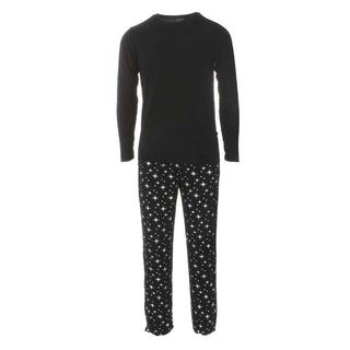 KicKee Pants Mens Holiday Long Sleeve Pajama Set, Silver Bright Stars