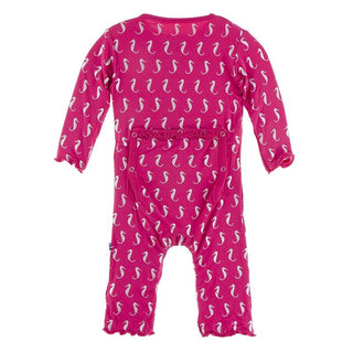 KicKee Pants Muffin Ruffle Coverall with Zipper - Prickly Pear Mini Seahorses
