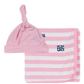 KicKee Pants Newborn Baby Swaddling Blanket and Hat Gift Set - Lotus Stripe and Lotus