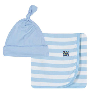 KicKee Pants Newborn Baby Swaddling Blanket and Hat Gift Set - Pond Stripe and Pond