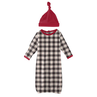 KicKee Pants Newborn Print Layette Gown and Single Knot Hat Set - Midnight Holiday Plaid