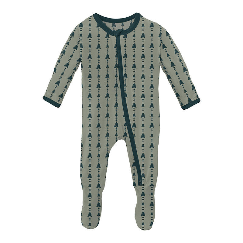 Print Bamboo Footie with 2-Way Zipper - Silver Sage Trees & Hearts