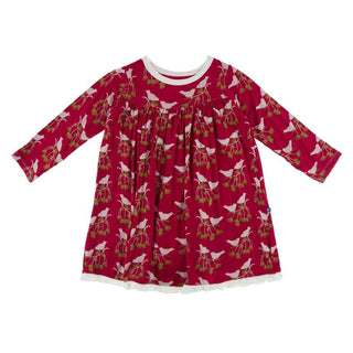KicKee Pants Print Classic Long Sleeve Swing Dress - Crimson Kissing Birds
