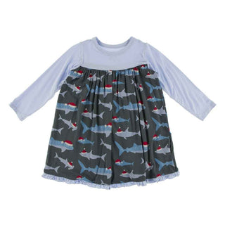 KicKee Pants Print Classic Long Sleeve Swing Dress - Pewter Santa Sharks