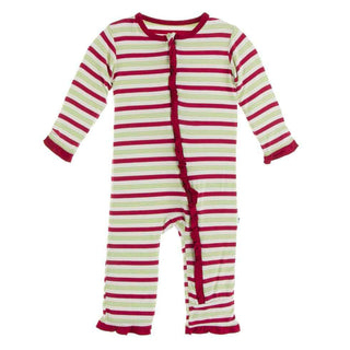 KicKee Pants Print Classic Ruffle Coverall with Zipper - 2020 Candy Cane Stripe