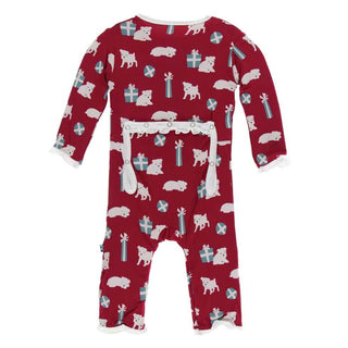 KicKee Pants Print Classic Ruffle Coverall with Zipper - Crimson Puppies and Presents