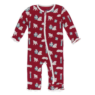 KicKee Pants Print Classic Ruffle Coverall with Zipper - Crimson Puppies and Presents