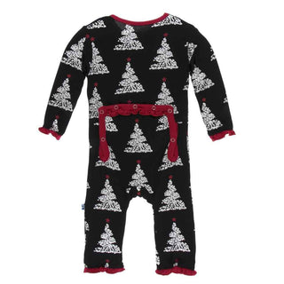 KicKee Pants Print Classic Ruffle Coverall with Zipper - Midnight Foil Tree