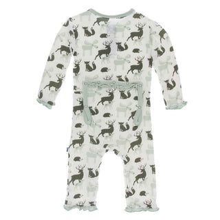 KicKee Pants Print Classic Ruffle Coverall with Zipper - Natural Forest Animals