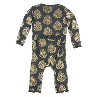 KicKee Pants Print Classic Ruffle Coverall with Zipper - Pewter Pinecones