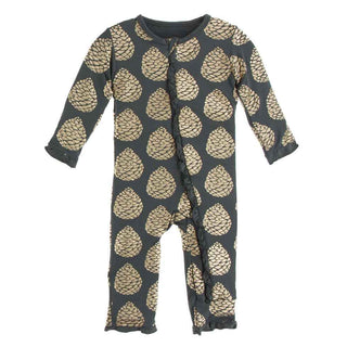 KicKee Pants Print Classic Ruffle Coverall with Zipper - Pewter Pinecones