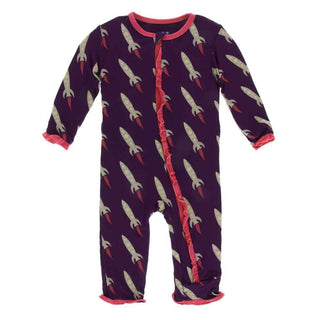 KicKee Pants Print Classic Ruffle Coverall with Zipper - Wine Grapes Rockets