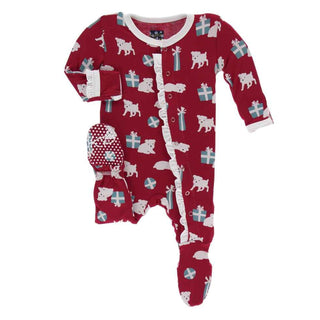 KicKee Pants Print Classic Ruffle Footie with Snaps - Crimson Puppies and Presents