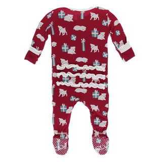 KicKee Pants Print Classic Ruffle Footie with Snaps - Crimson Puppies and Presents
