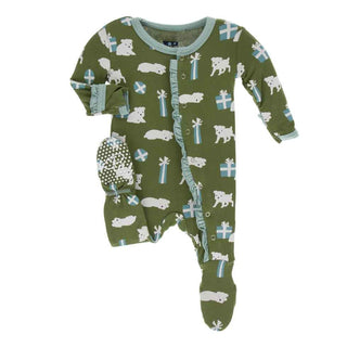 KicKee Pants Print Classic Ruffle Footie with Snaps - Moss Puppies and Presents