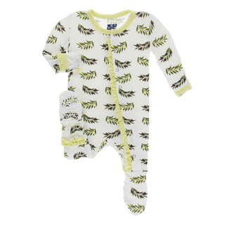 KicKee Pants Print Classic Ruffle Footie with Snaps - Natural Olive Branch