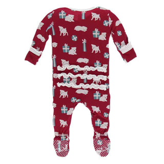 KicKee Pants Print Classic Ruffle Footie with Zipper - Crimson Puppies and Presents